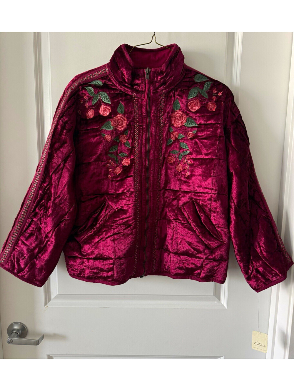 Free People x Anna Sui Dolman Quilted Velvet Jacket Wine Red Rose Embroidered XS